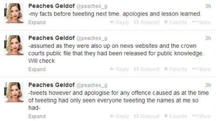 Peaches Geldof apologises for Ian Watkins sex abuse tweet